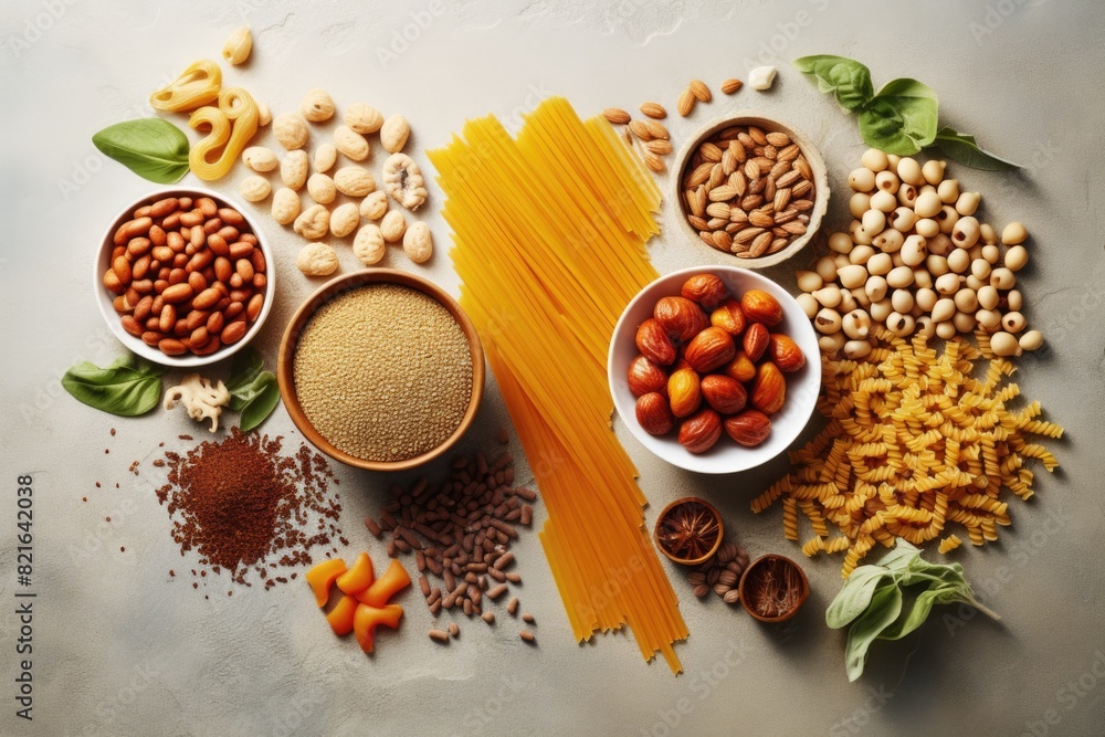 Poster a variety of different types of pasta and nuts are spread out on a table. concept of abundance and v
