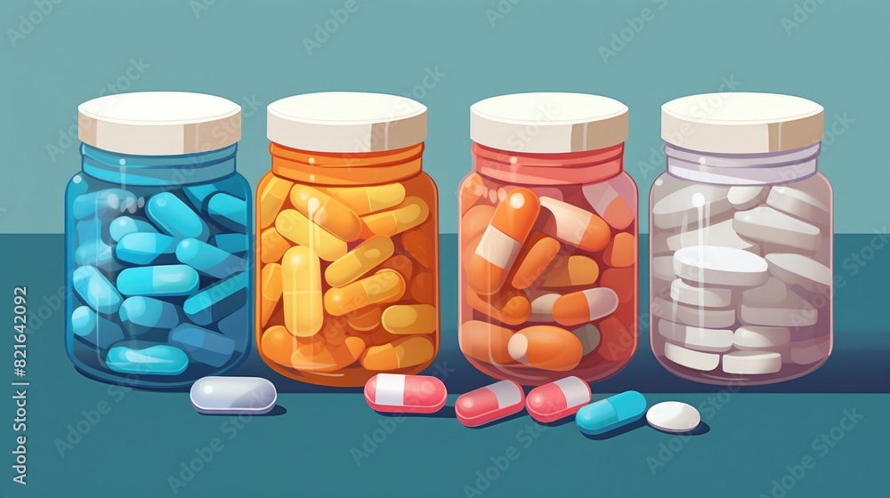 Poster four jars of pills are displayed on a table. the jars are of different colors and sizes, and the pil