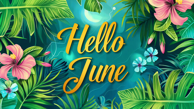 Background with elements of a summer theme including palm trees, flowers, and waves on the sides, in the center the text "Hello, June" in artistic script