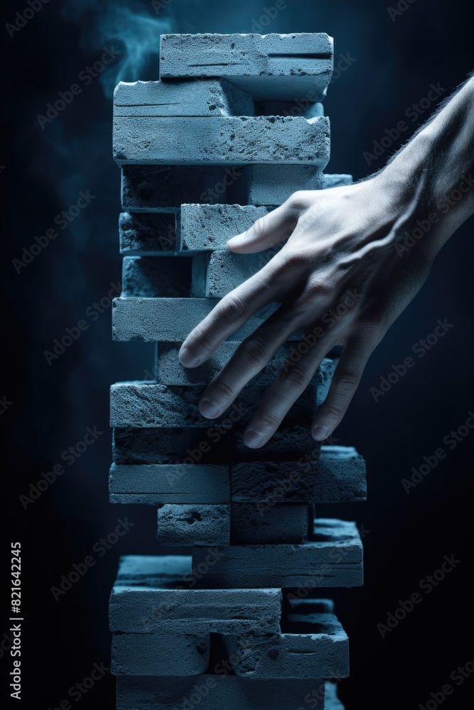 Poster a hand is touching a stack of bricks. the bricks are stacked in a pyramid shape. concept of strength