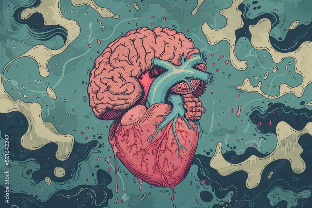 Poster a heart with a brain attached to it. the image has a surreal and dreamlike quality to it