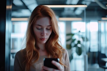 A woman with red hair is looking at her cell phone. She is wearing a brown shirt and she is focused on her phone