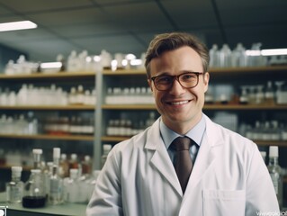 Fototapeta premium A man in a white lab coat and glasses is smiling in front of a shelf of bottles. Concept of professionalism and expertise, as the man is a scientist or a medical professional