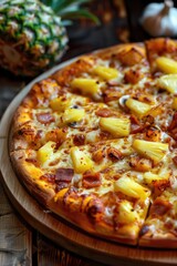 A pizza with pineapple toppings sits on a wooden board. The pizza is topped with ham and cheese