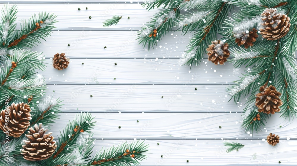 Poster a white background with pine trees and pine cones. the pine cones are scattered throughout the image