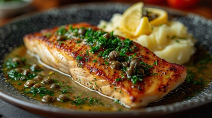 A serving of veal piccata with lemon caper sauce and mashed potatoes.