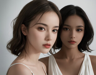 Fototapeta premium Captivating Portrait of Long-Haired Young Women, Serene and Elegant