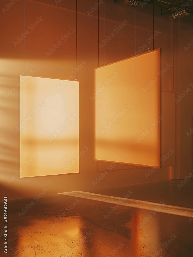 Poster two large orange framed paintings hang from the ceiling in a room. the paintings are the only object