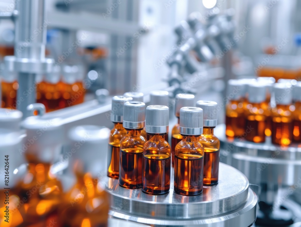 Poster a row of brown bottles with white caps sit on a metal table. the bottles are all the same size and s