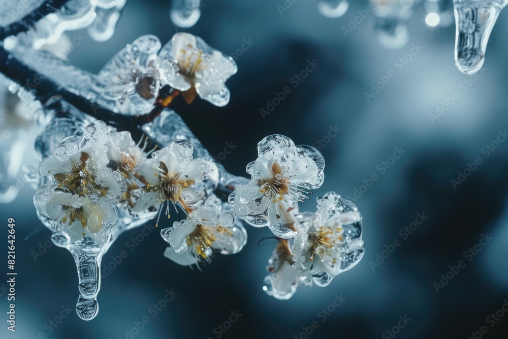 Poster a branch of a tree covered in ice and snow. the branch is covered in frost and has a few flowers on 