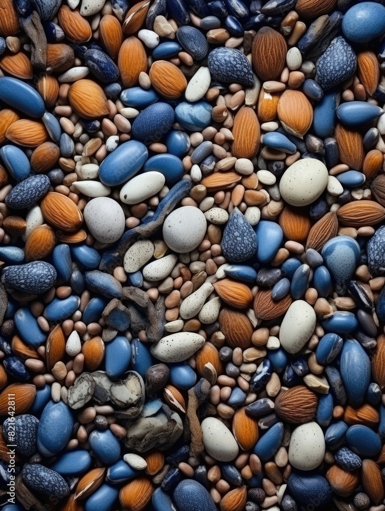 Poster a pile of nuts and seeds with a blue and orange color scheme. the nuts and seeds are scattered all o