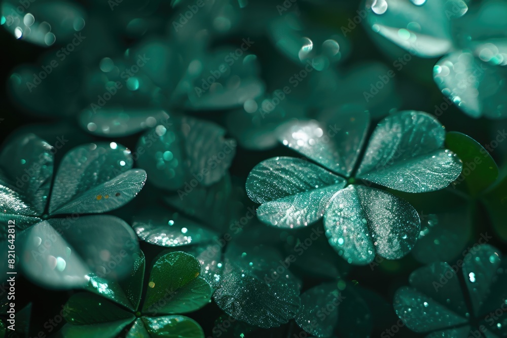 Poster a close up of four green leaves with water droplets on them. the leaves are arranged in a way that t