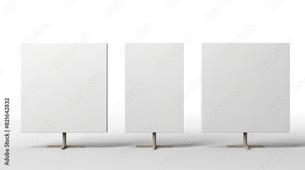 Poster three white square panels are standing upright on a white background. the panels are empty and have 