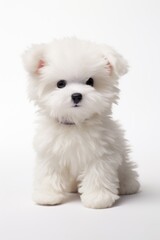 A white puppy is sitting on a white surface. The puppy is looking at the camera