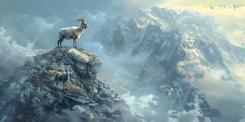 Majestic Mountain Goat Atop Rugged Cliffside Overlooking Misty Landscape