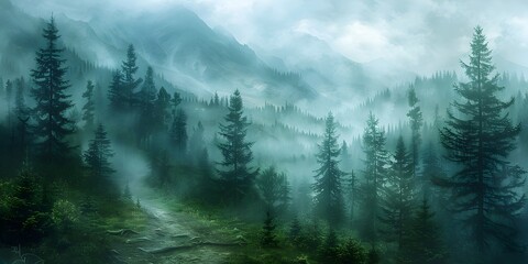 Misty Mountain Path through Ethereal Forest Landscape in Early Morning Tranquility