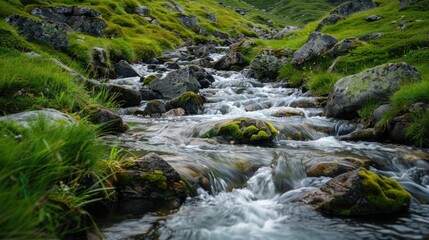 Fototapeta premium A stream of water flows through a rocky area with grass growing on the banks. The water is clear and the rocks are scattered throughout the area. The scene is peaceful and serene