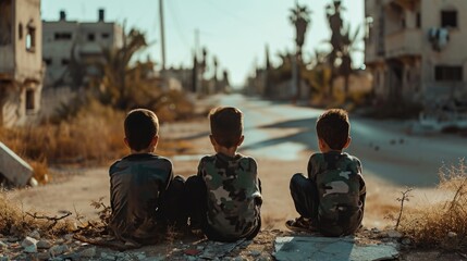 Three boys are sitting on the ground in front of a road. Scene is sad and lonely