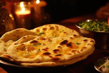 A plate of three flatbreads with a bowl of greens in the background. The plate is on a wooden table with candles in the background