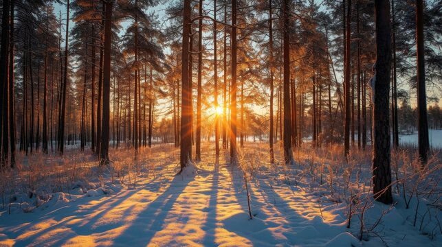 A forest with snow on the ground and a sun shining through the trees. The sun is casting a warm glow on the snow and trees, creating a peaceful and serene atmosphere