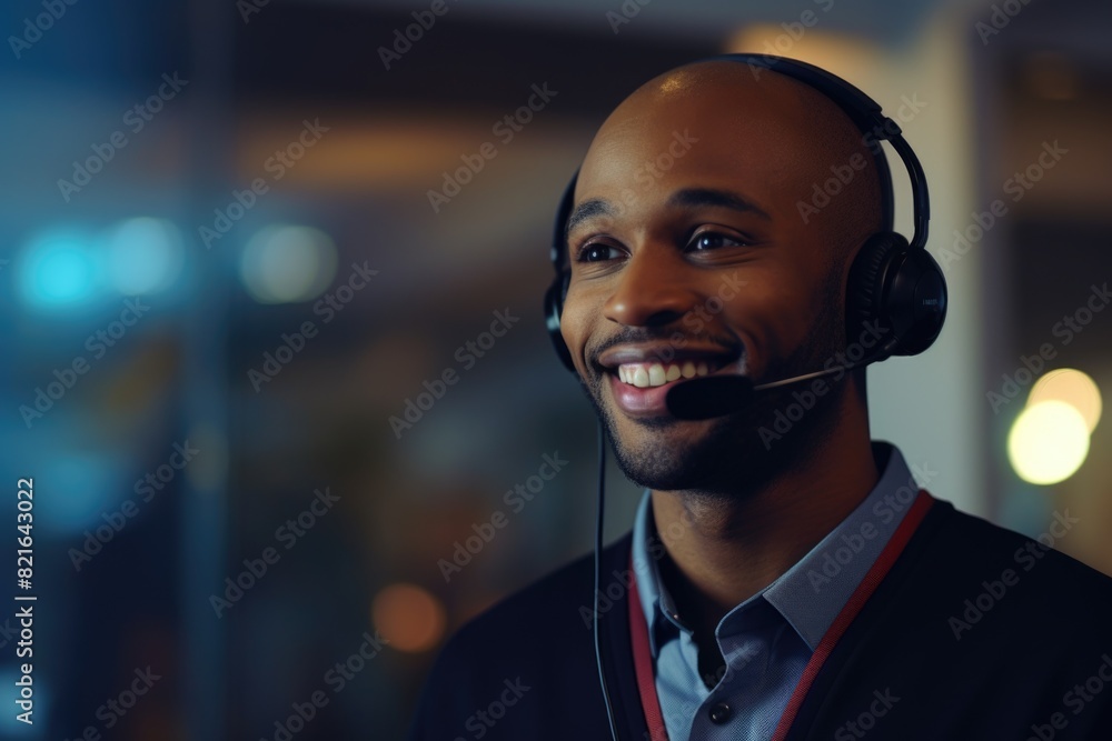 Poster a man wearing a headset and smiling. he is a customer service representative. the image conveys a po