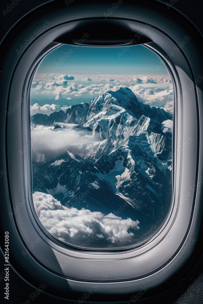 Poster a window view of a mountain range with clouds in the sky. the mountains are covered in snow and the 