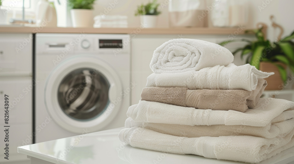 Poster a stack of white towels on a counter next to a washing machine. the towels are folded neatly and are