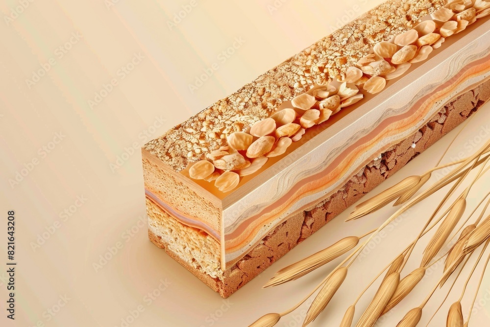 Aufkleber a cake with nuts on top and a layer of bread underneath. the cake is cut in half and the nuts are sc
