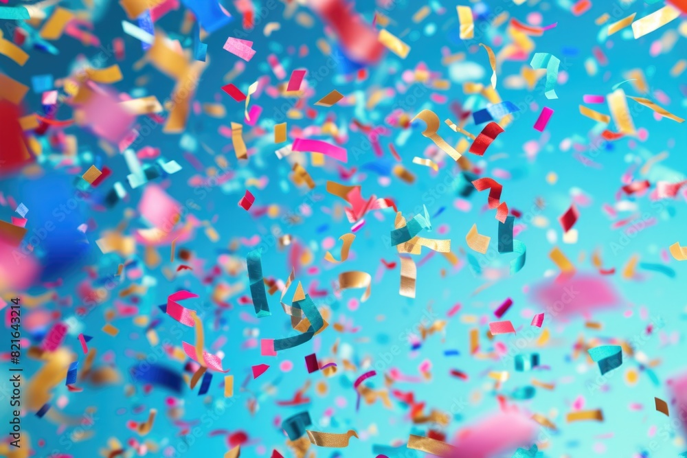 Poster a colorful explosion of confetti is falling from the sky. the confetti is in various colors and size