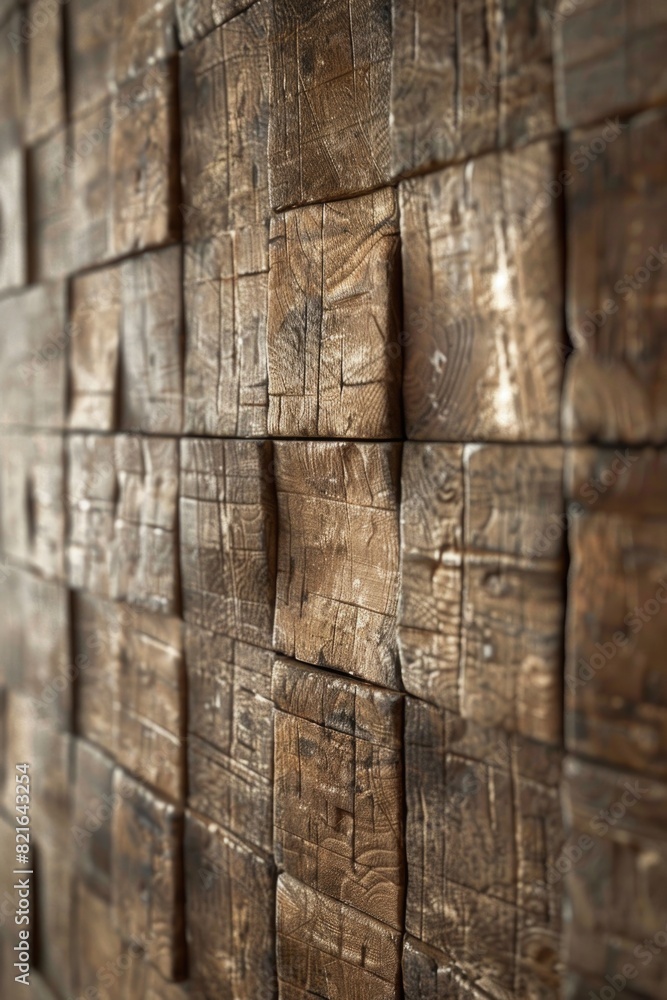 Poster a wall made of wooden blocks, with each block having a unique shape and size. the wall appears to be