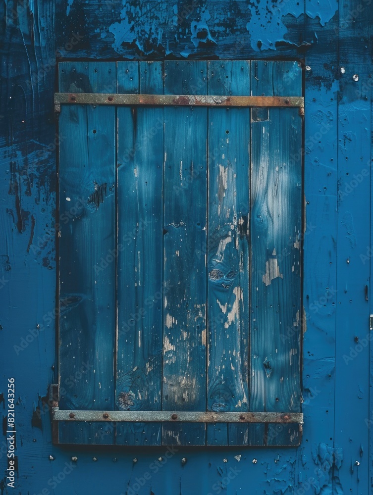 Poster a blue wooden frame with a window in it. the frame is old and has a rustic look to it