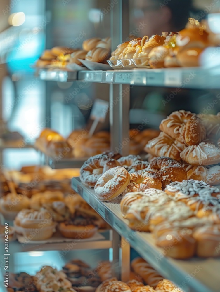 Poster a bakery display case with a variety of pastries, including donuts and croissants. the pastries are 