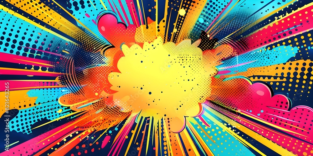 Poster explosive pop art frame in vibrant digital rendering with bold color palette and dotted background