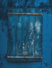 A blue wooden frame with a window in it. The frame is old and has a rustic look to it