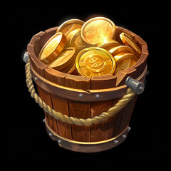 gold coin in a wooden bucket
3d video game icon