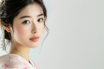 Naklejka premium Elegant Asian Woman in Traditional Kimono with Intricate Floral Patterns Studio Portrait with Serene Expression