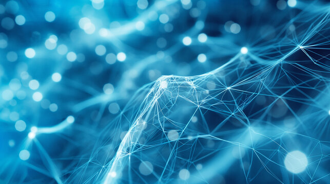 Abstract background of interconnected digital threads in blue and white