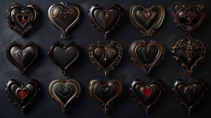 15 Gothic-style heart icons with ornate patterns and dark tones, rich details and textures