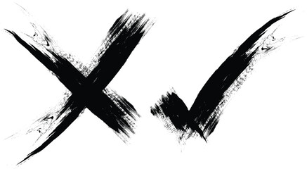 Dirty grunge hand drawn with brush strokes cross X and tick OK check marks V vector illustration set isolated on white background. Check mark symbol NO and YES buttons for vote in the box, web, etc © Cindy