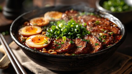 A steaming bowl of ramen with slices of pork, boiled eggs, and green onions.