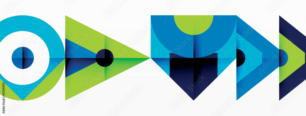 Poster the design features a striking blue and green geometric pattern with arrows pointing in opposite dir