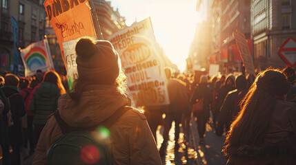 Fototapeta premium Group of Activists holding climate change banners at a demonstration.