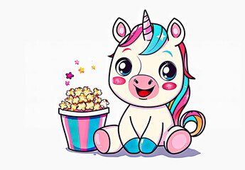 Obraz premium Cute bright unicorn with popcorn baby isolated on white background.