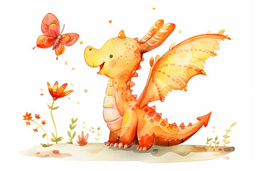 Obraz premium Cute, funny dragon cub on white background. Illustration for children book, greeting