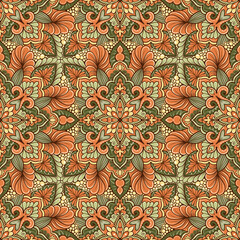 Indian mandala ornamental seamless pattern design in mehendi style orange and green colours