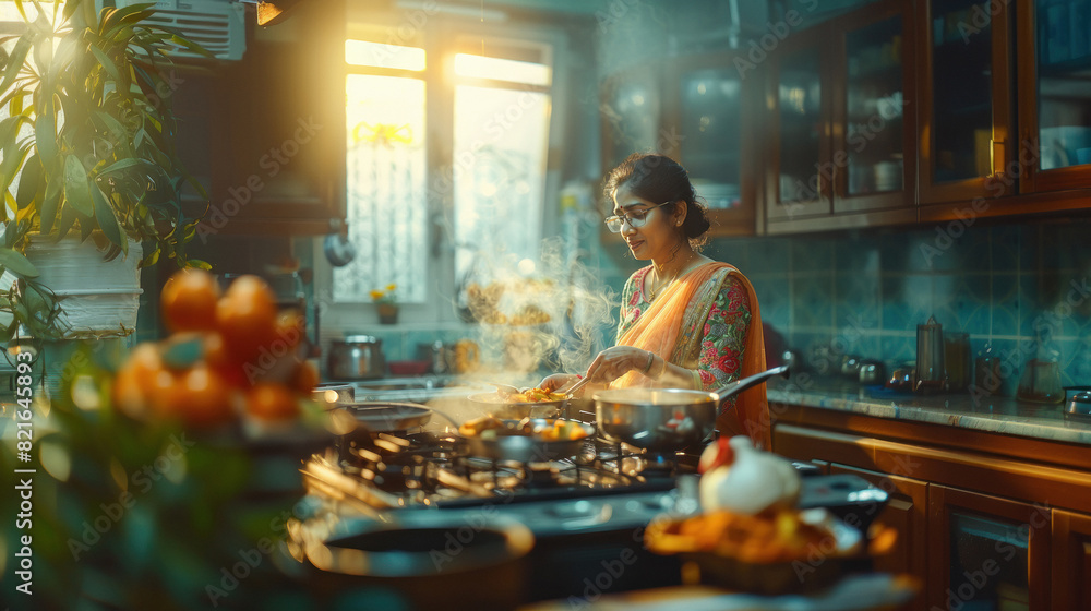 Wall mural Indian woman prepare food at modern kitchen