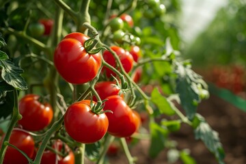 Red tomatoes on a branch in a greenhouse closeup Ripe tomatoes growing on a branch in a greenhouse, AI generated