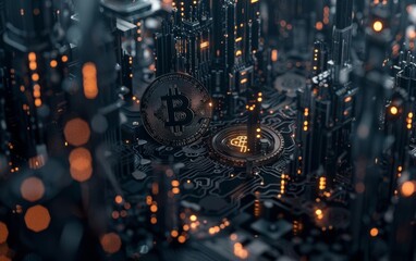 Bitcoin virtual cryptocurrency blockchain technology digital currency money gold coin exchange market future global network connections. BTC mining crypto symbol mainboard futuristic.3d rendering.