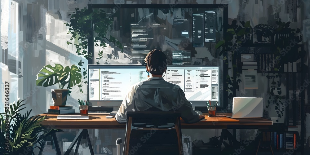 Poster focused web developer coding in minimalist office environment