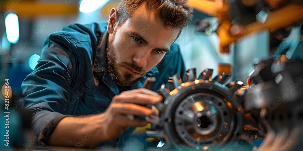 Poster skilled engineer examines mechanical component in high tech lab business and work concept